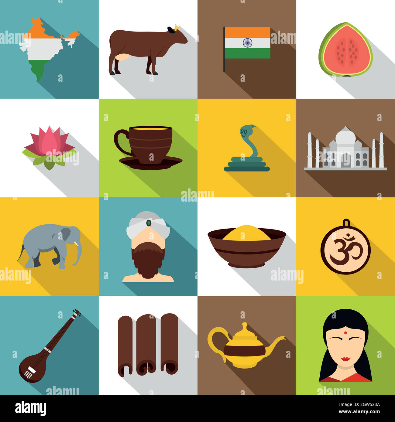 Indien reisen Symbole, flacher Stil Stock Vektor