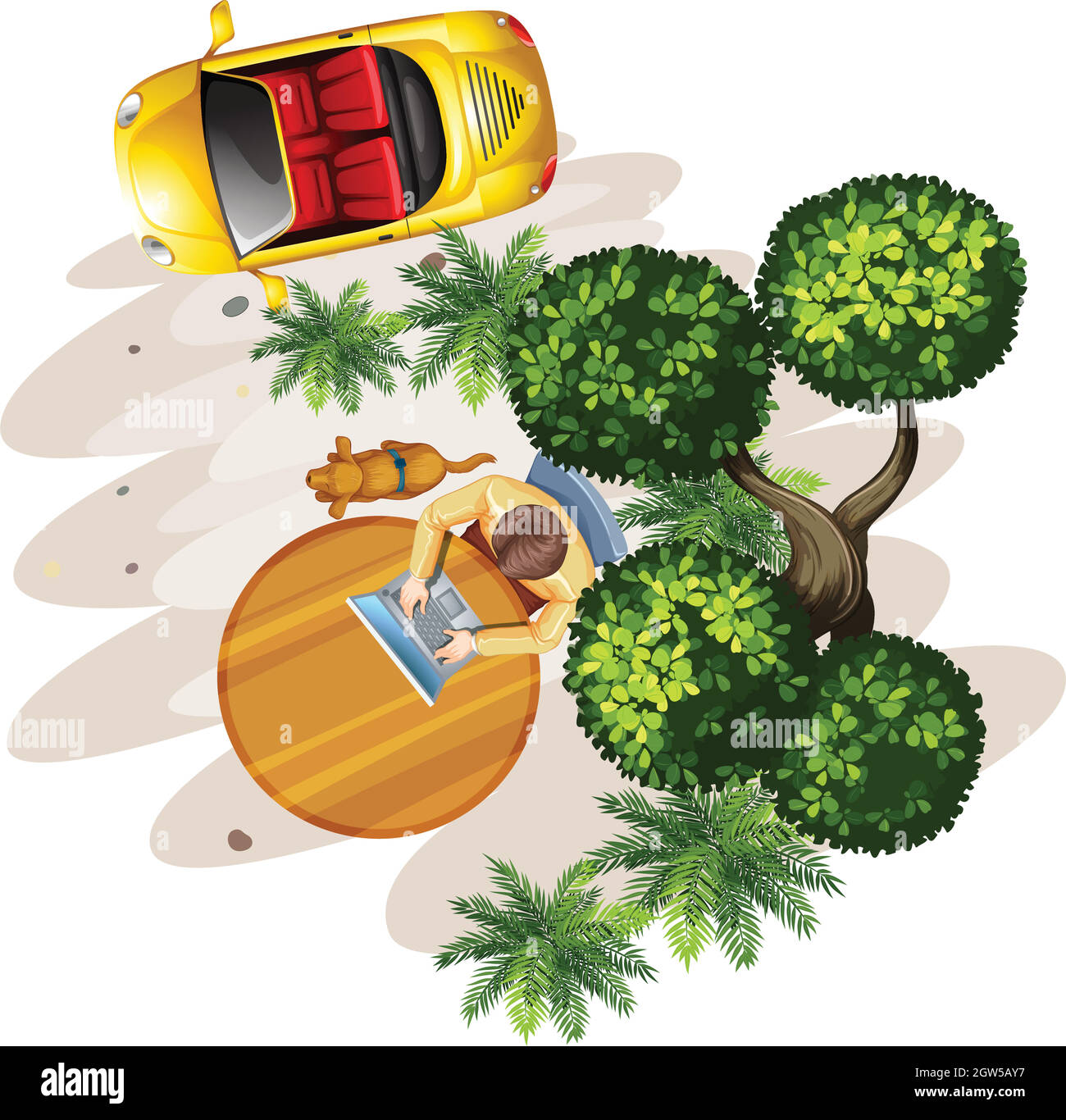 topview eines Tisches mit einem Mann, einem Baum und einem Fahrzeug Stock Vektor