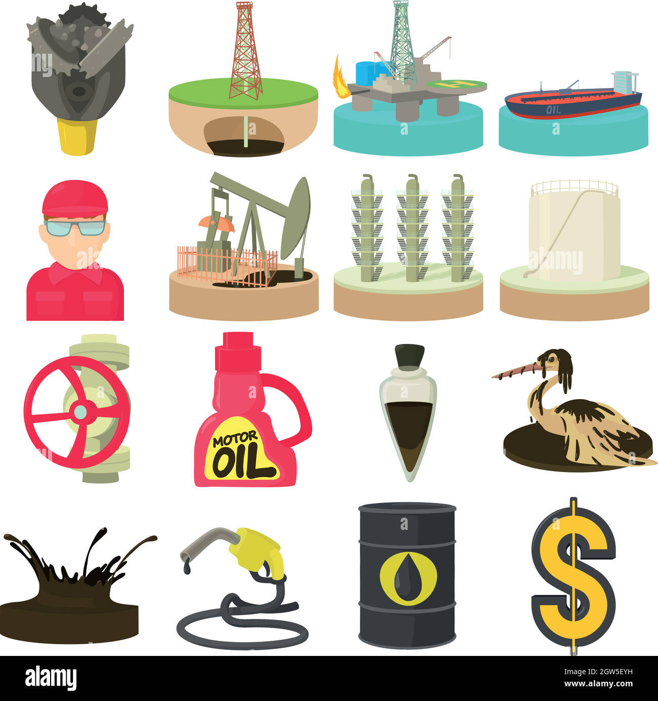 Öl- und Energiebranche Symbole, Cartoon Stil Stock Vektor