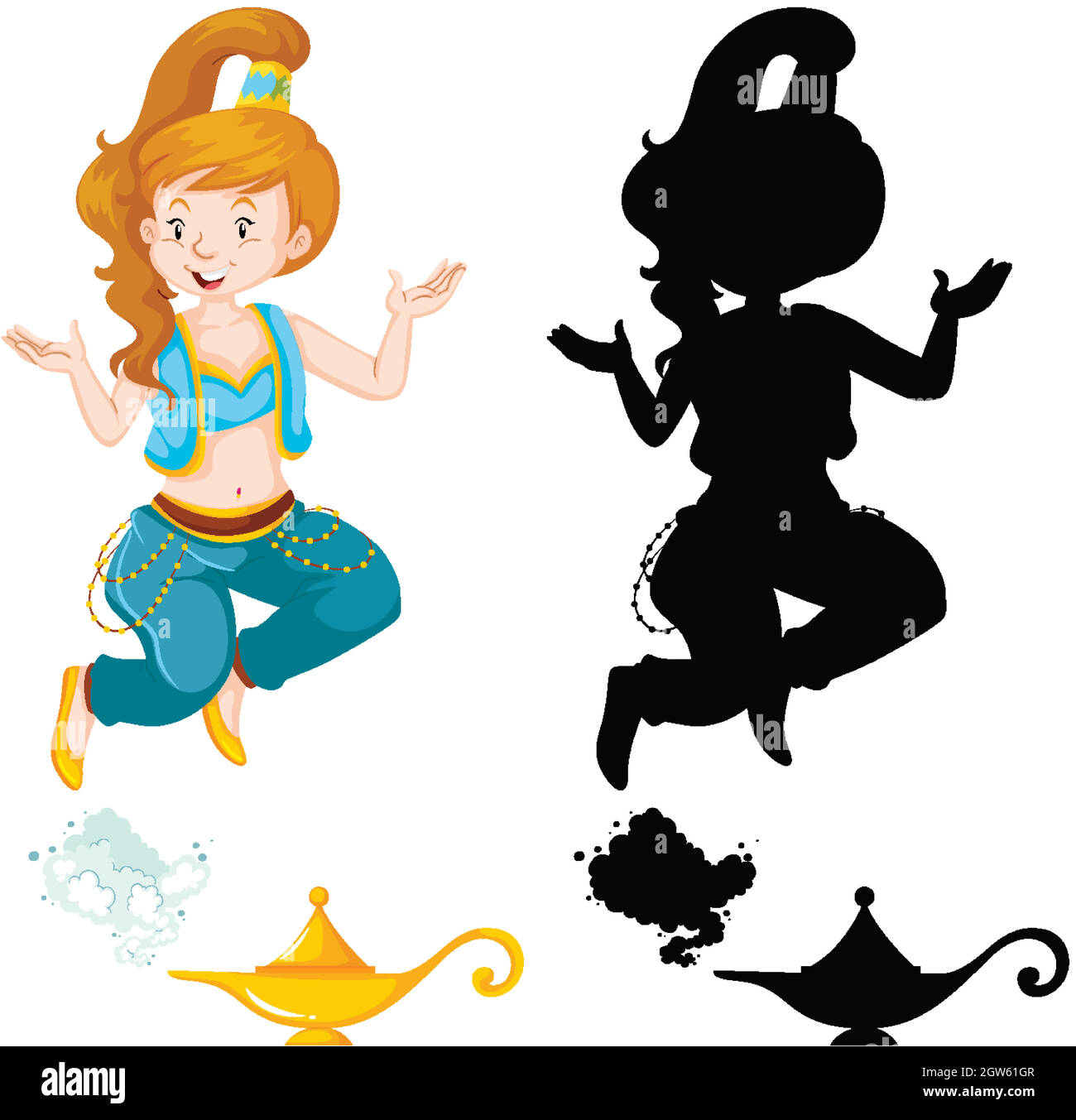 GENIE Girl Magic Laterne oder aladdin Lampe in Farbe und Silhouette isoliert auf weißem Hintergrund Stock Vektor