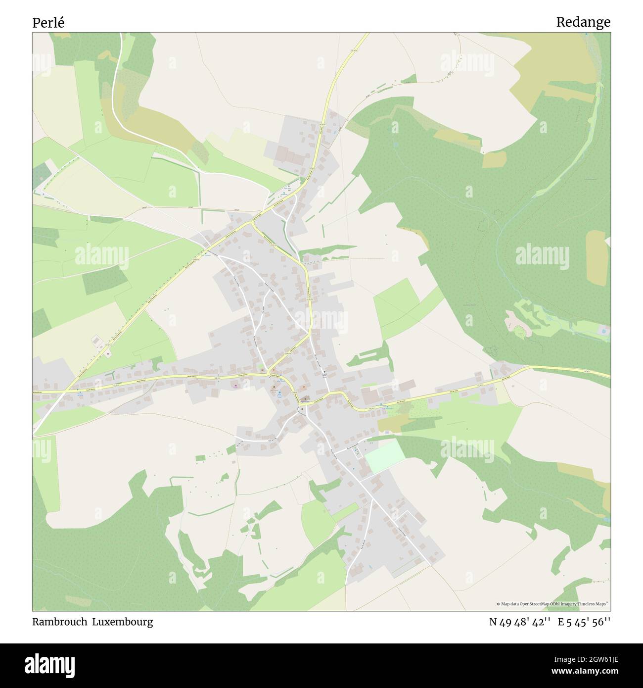 Perlé, Rambrouch, Luxembourg, Redange, N 49 48' 42'', E 5 45' 56'', map, Timeless Map veröffentlicht im Jahr 2021. Reisende, Entdecker und Abenteurer wie Florence Nightingale, David Livingstone, Ernest Shackleton, Lewis and Clark und Sherlock Holmes haben sich bei der Planung von Reisen zu den entlegensten Ecken der Welt auf Karten verlassen.Timeless Maps kartiert die meisten Orte auf der Welt und zeigt die Verwirklichung großer Träume Stockfoto