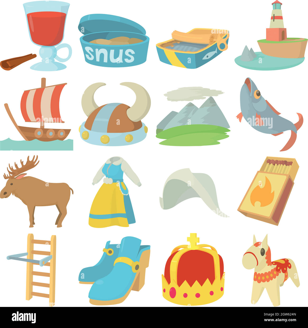 Schweden reisen Symbole Symbole, Cartoon Stil Stock Vektor