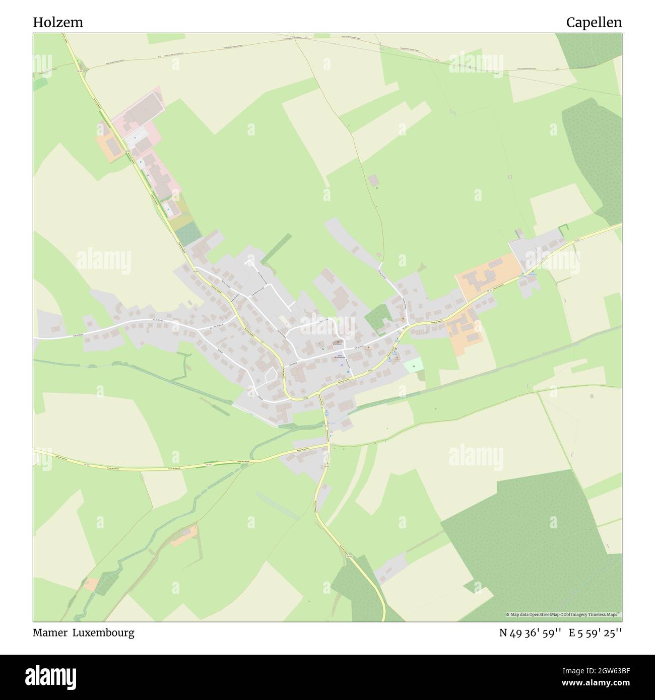 Holzem, Mamer, Luxembourg, Capellen, N 49 36' 59'', E 5 59' 25'', map, Timeless Map veröffentlicht im Jahr 2021. Reisende, Entdecker und Abenteurer wie Florence Nightingale, David Livingstone, Ernest Shackleton, Lewis and Clark und Sherlock Holmes haben sich bei der Planung von Reisen zu den entlegensten Ecken der Welt auf Karten verlassen.Timeless Maps kartiert die meisten Orte auf der Welt und zeigt die Verwirklichung großer Träume Stockfoto