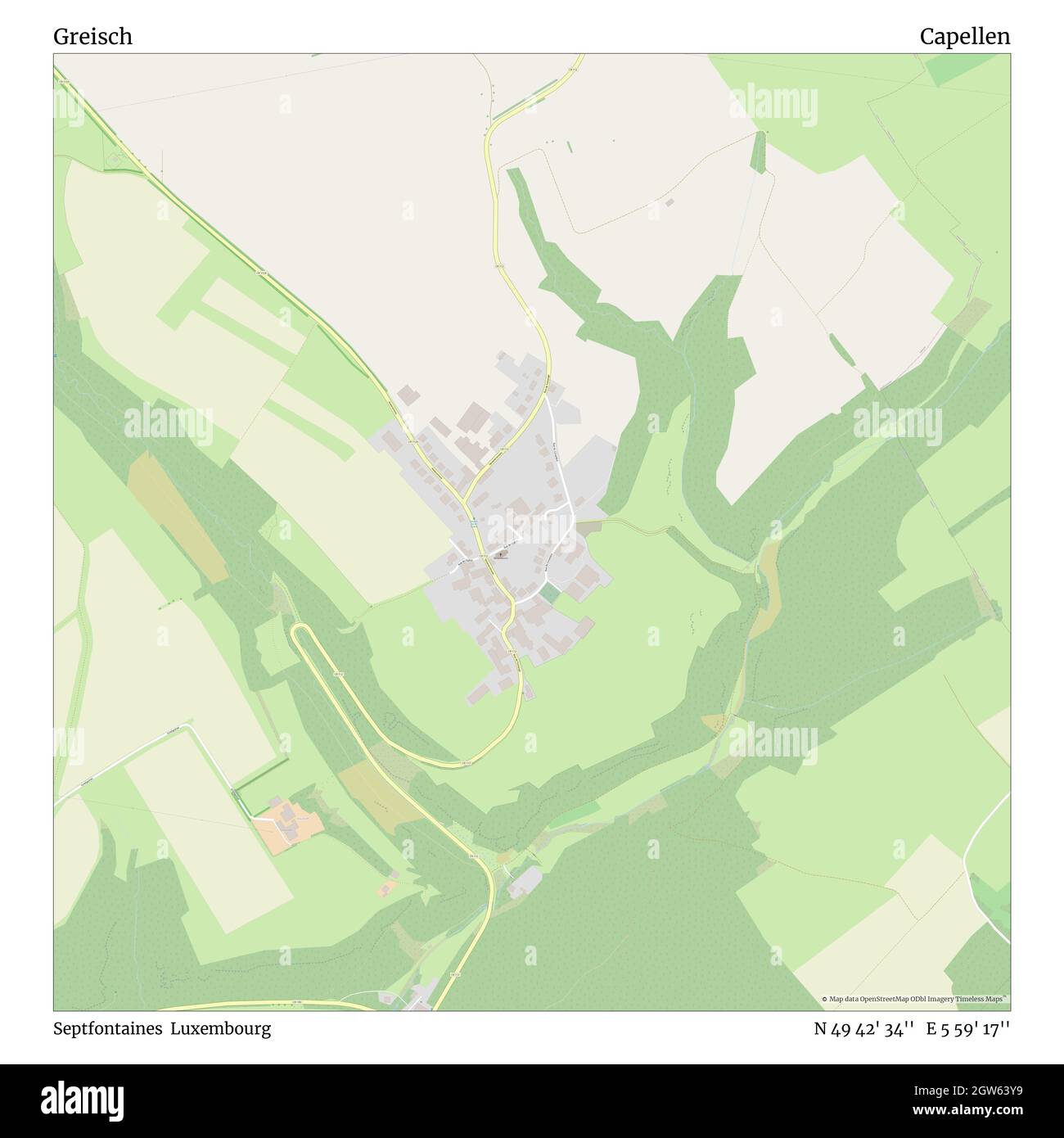 Greisch, Septfontaines, Luxembourg, Capellen, N 49 42' 34'', E 5 59' 17'', map, Timeless Map veröffentlicht im Jahr 2021. Reisende, Entdecker und Abenteurer wie Florence Nightingale, David Livingstone, Ernest Shackleton, Lewis and Clark und Sherlock Holmes haben sich bei der Planung von Reisen zu den entlegensten Ecken der Welt auf Karten verlassen.Timeless Maps kartiert die meisten Orte auf der Welt und zeigt die Verwirklichung großer Träume Stockfoto