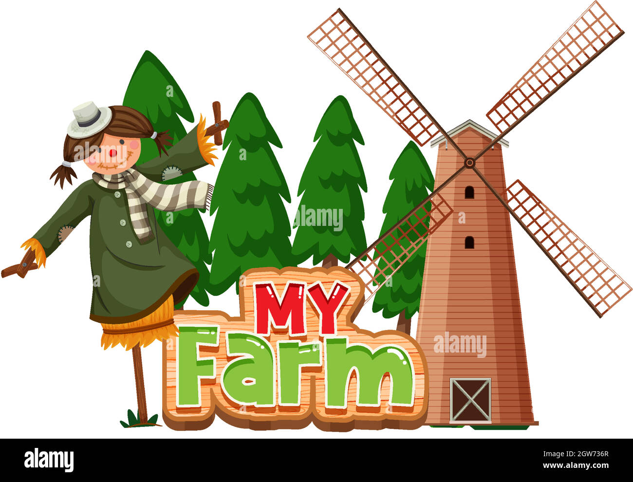 Wortdesign für meine Farm mit Vogelscheuche und Windmühle Stock Vektor