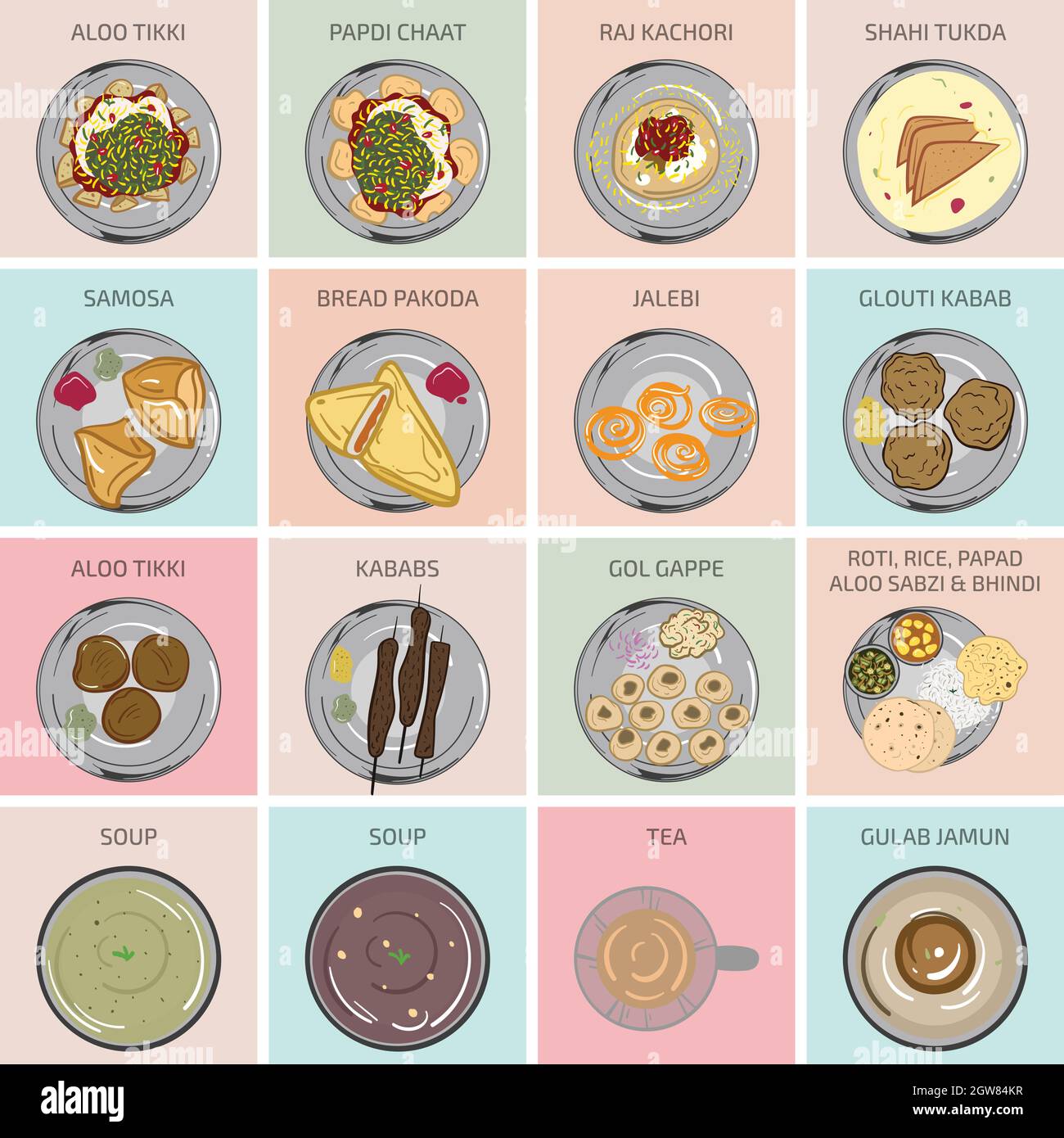 Indische Snacks Vektorgrafik. Street Food aus indien. Aloo Chat gol gappa tikki jalebi Brot pakoda papdi chaat raj kachori samosa kababs Suppentee Stock Vektor