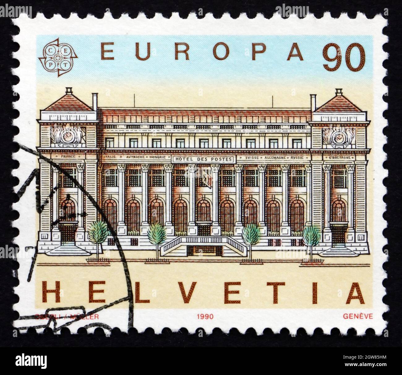 SCHWEIZ - UM 1990: Eine in der Schweiz gedruckte Briefmarke zeigt die Post, Genf, um 1990 Stockfoto