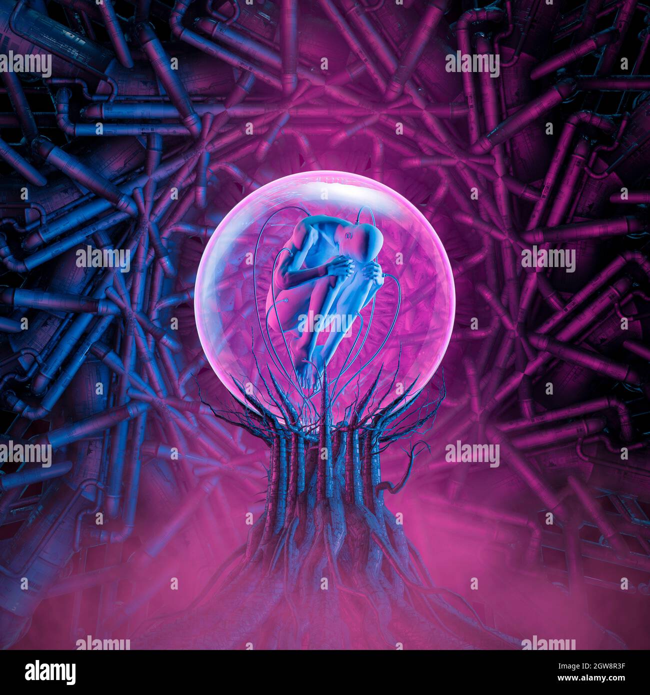 Seed of Life Clone Pod - 3D-Illustration einer Science-Fiction-Szene, die eine männliche Figur in einer fötalen Position im komplexen futuristischen Inkubator zeigt Stockfoto