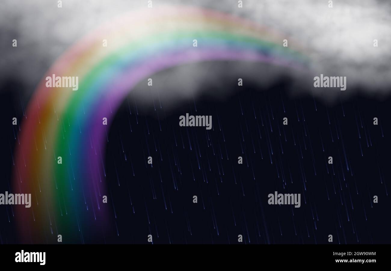 Regenbogen mit weißen Wolken und Regen auf dunklem Hintergrund. Realistische Vektordarstellung. EPS 10 Stock Vektor