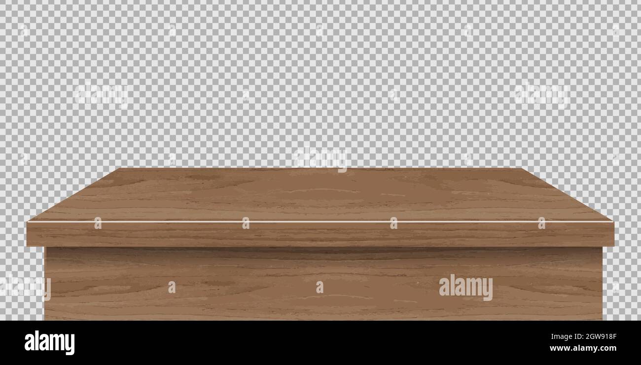 Holztisch Vordergrund, Tischplatte Vorderansicht, braun rustikale Arbeitsplatte aus Holz Oberfläche. Retro-Esstisch oder Plank Textur isoliert auf transparenter Rückseite Stock Vektor