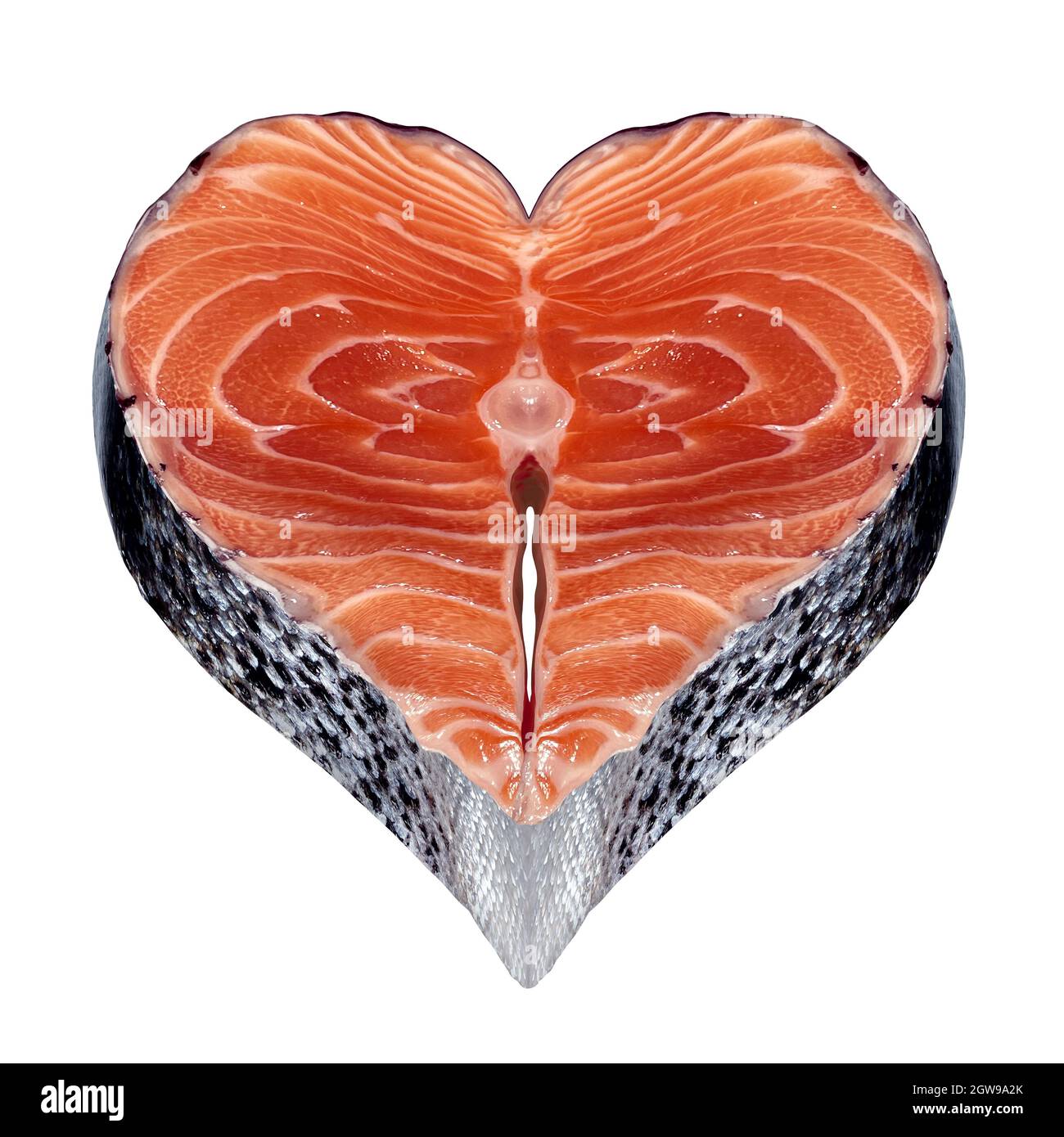 Gesundes Fischsymbol als frischer Fisch mit einem Lachssteak in Herzform als Symbol für eine gesunde Omega-3-Nahrungsquelle. Stockfoto