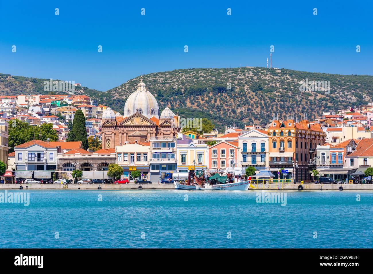 Blick auf den Hafen von Mytilene, Insel Lesvos, Griechenland Stockfoto