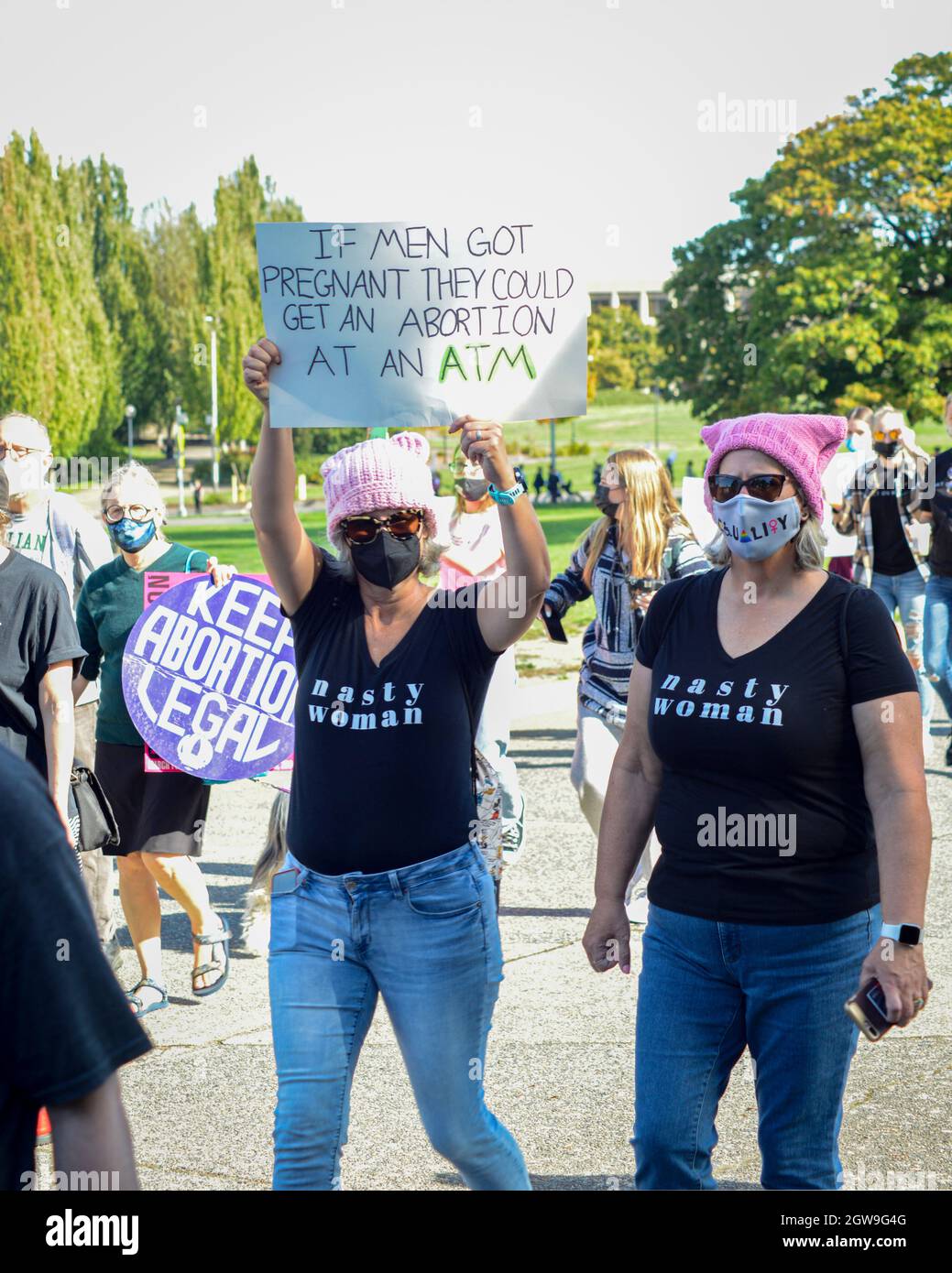 Demonstranten bei einer Kundgebung für die Rechte von Frauen im Schwangerschaftsabbruch in Olympia, WA Stockfoto