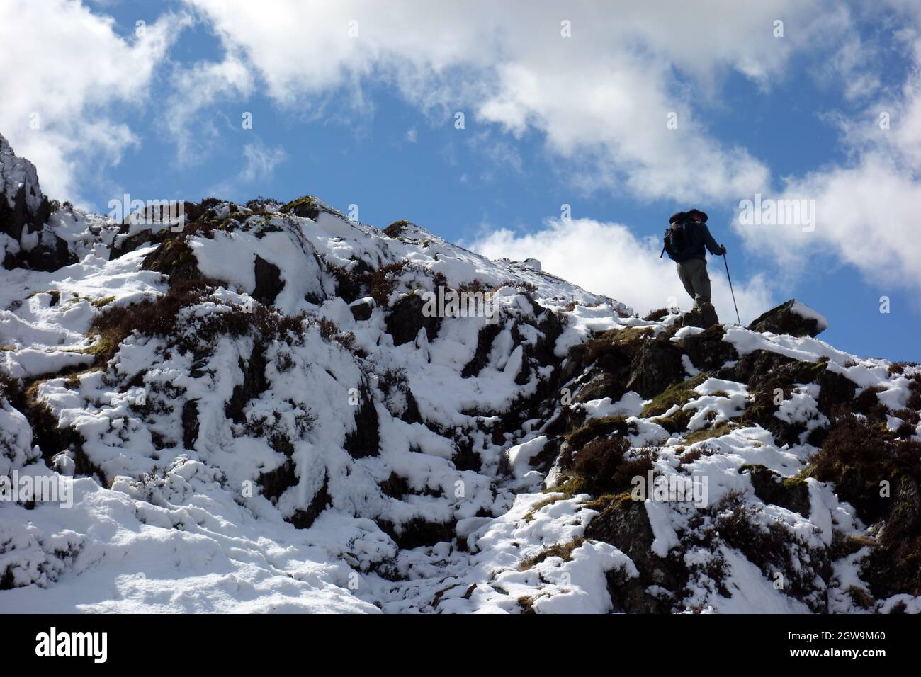 Mann, der auf schneebedeckten Felsen zum Gipfel des Wainwright „High Seat“ in Borrowdale, Lake District National Park, Cumbria, England, Großbritannien, läuft. Stockfoto