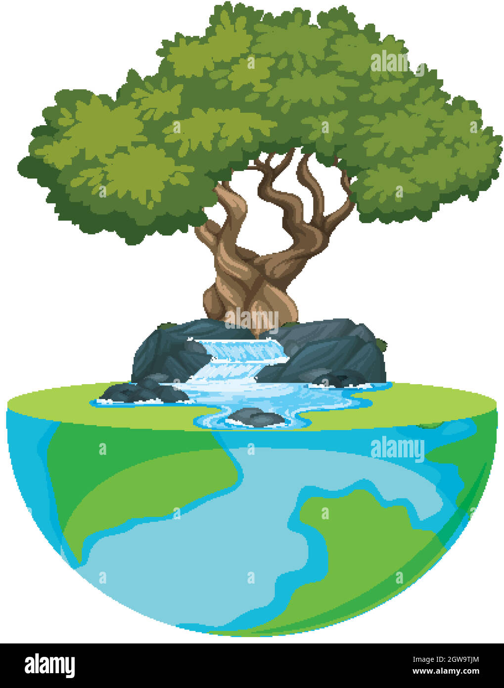 Große Welt mit Wasserfall und großem Baum Stock Vektor