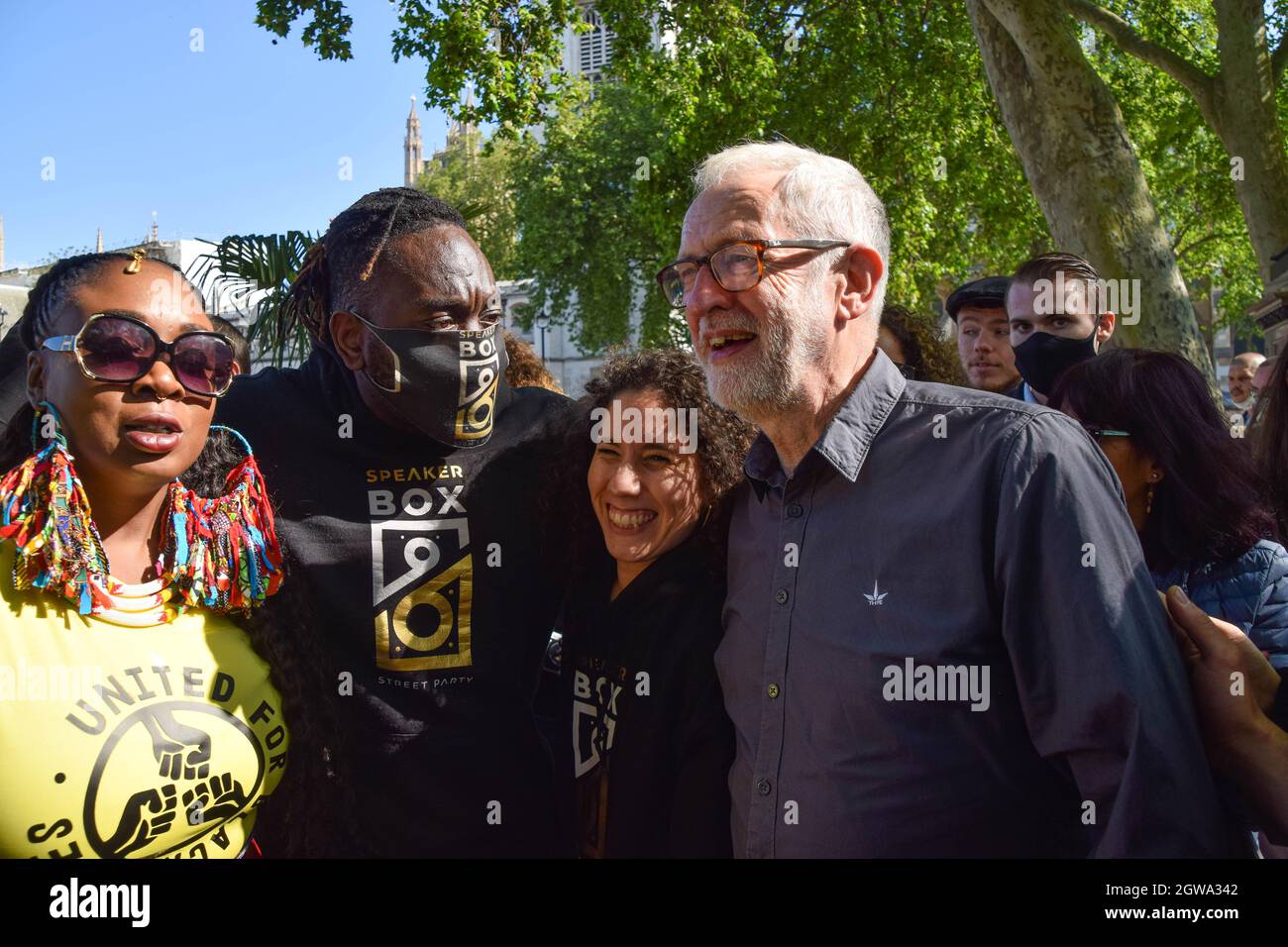 London, Großbritannien. Mai 2021. Jeremy Corbyn bei der Protestaktion „Kill the Bill“ auf dem Parliament Square. Massen marschierten durch das Zentrum Londons, um gegen das Gesetz über Polizei, Verbrechen, Verurteilung und Gerichte zu protestieren. Stockfoto