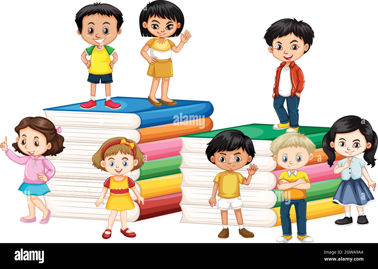 Glückliche Kinder stehen auf Büchern Stock Vektor