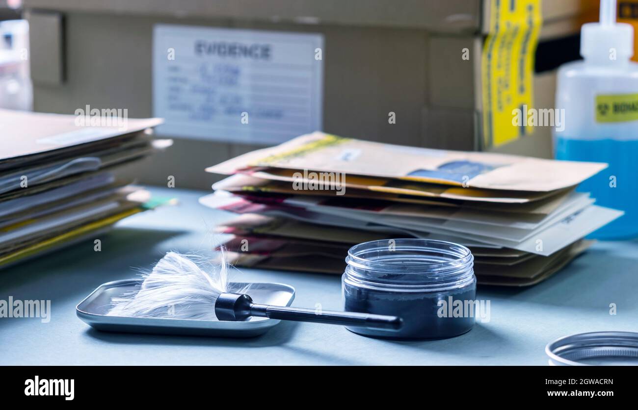 Pinsel zur Entwicklung von Fingerabdruckpulver im Kriminallabor zur Analyse, Konzeptbild Stockfoto