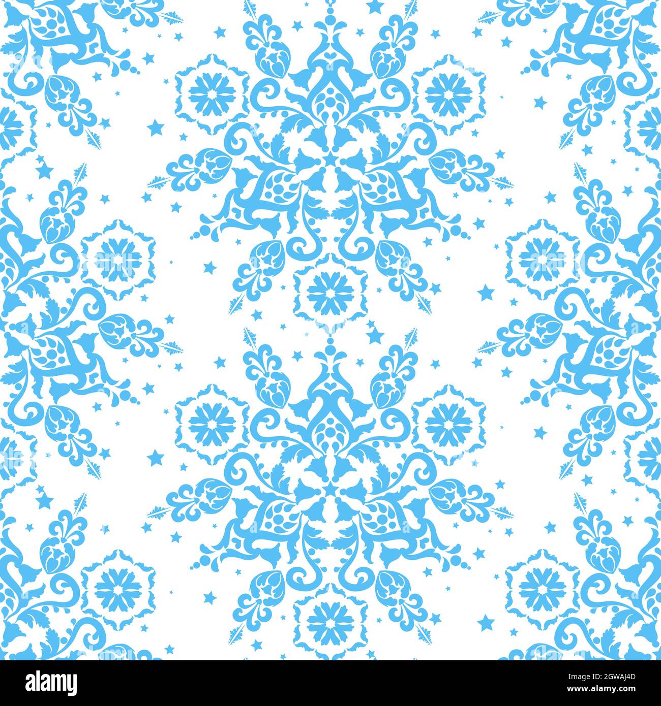 Blaue Ornament auf weißem Hintergrund nahtlose Vektor-Vorlage. Blaue und weiße Farbe. Für Stoff, Tapete, venezianisches Muster, Textil, Verpackung. Stock Vektor