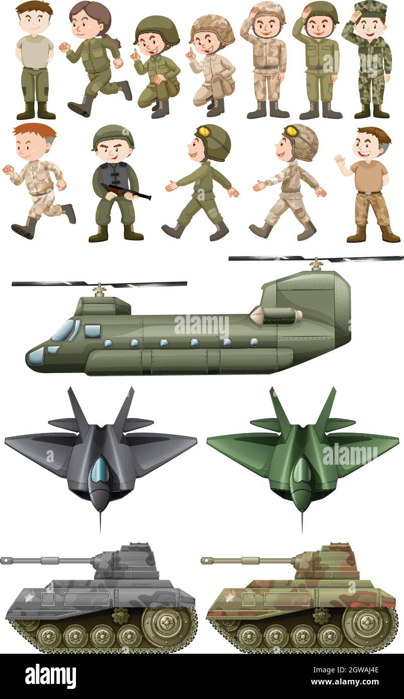 Soldaten und verschiedene Arten von Transporten Stock Vektor