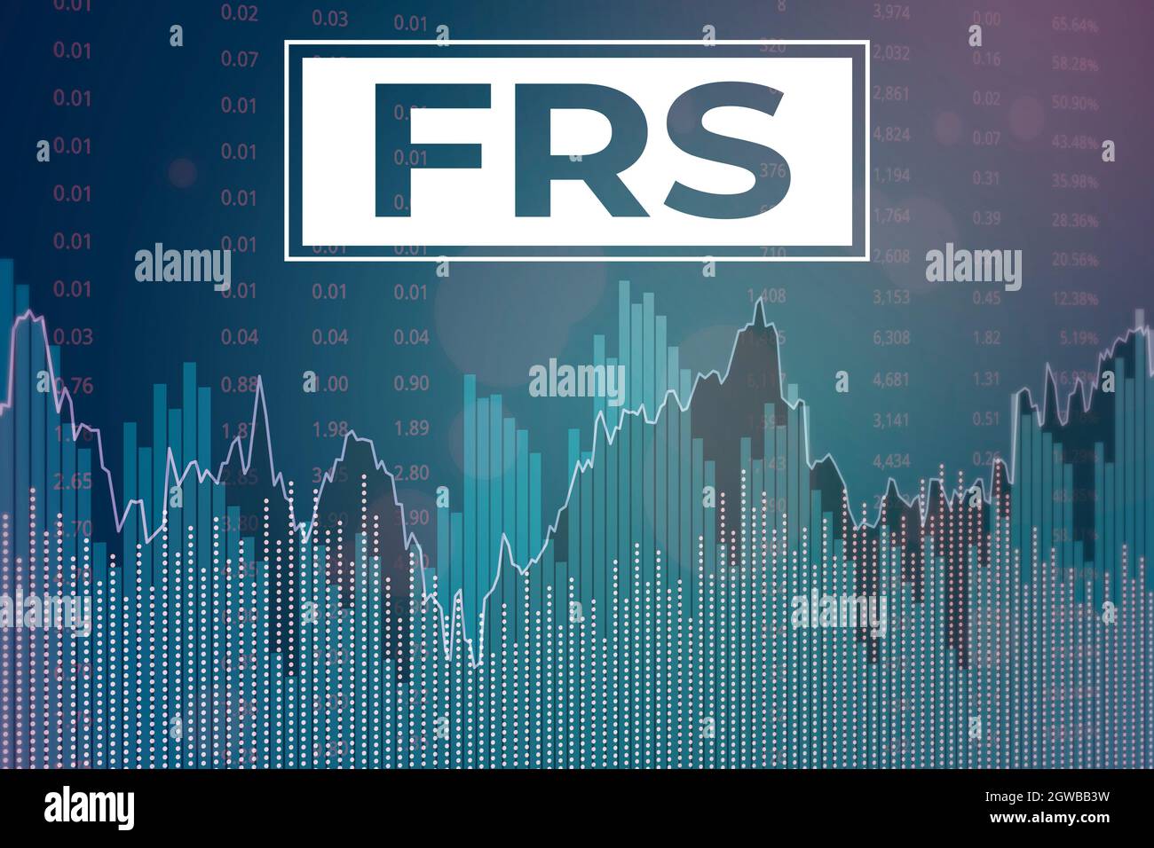 Financial Term FRS – Federal Reserve System auf blauem und grauem Finanzhintergrund aus Grafiken, Diagrammen. Trend nach oben und unten. 3D-Rendering. Finanzmarkt CO Stockfoto