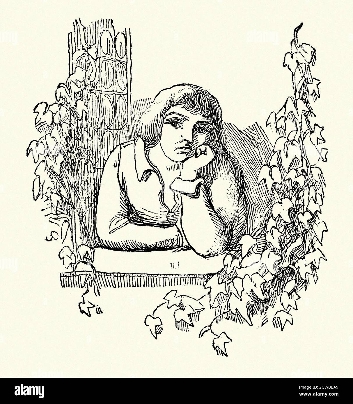 Vintage-Gravur von 1856 zeigt eine Szene vom König des Goldenen Flusses von John Ruskin ein Märchen, das den Triumph der Liebe illustriert, entfacht Stockfoto