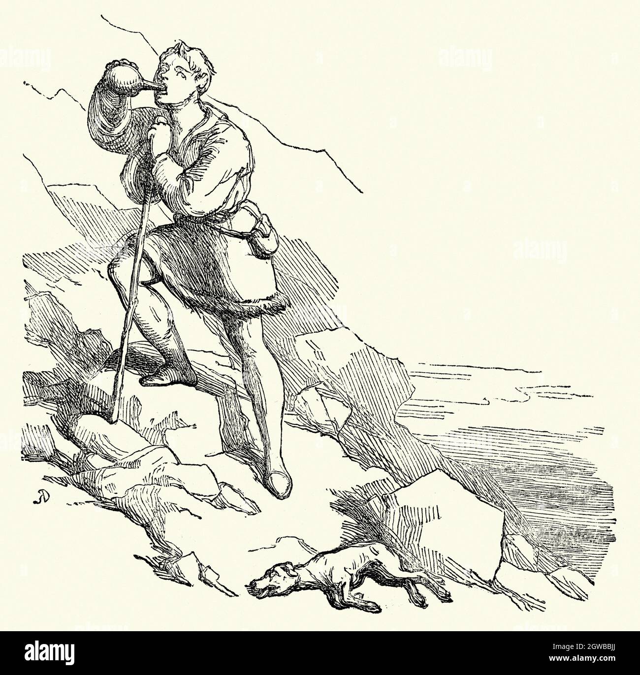 Vintage-Gravur von 1856 zeigt eine Szene vom König des Goldenen Flusses von John Ruskin ein Märchen, das den Triumph der Liebe illustriert, entfacht Stockfoto