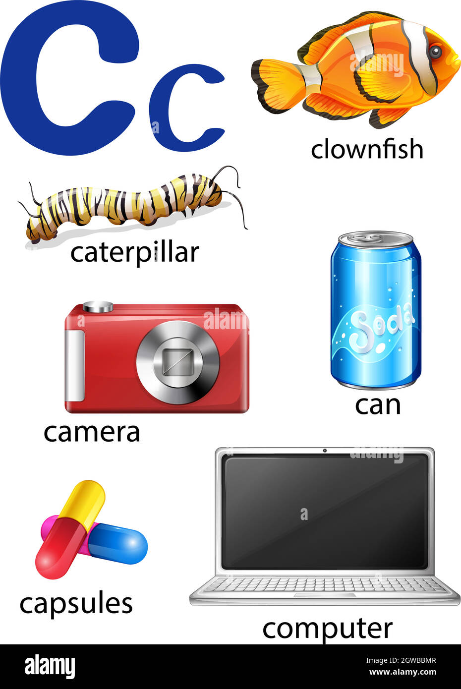 Dinge, die mit dem Buchstaben C beginnen Stock Vektor