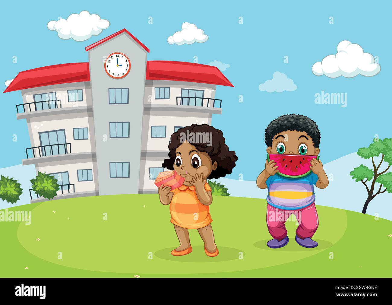 Zwei Kinder essen vor der Schule Stock Vektor