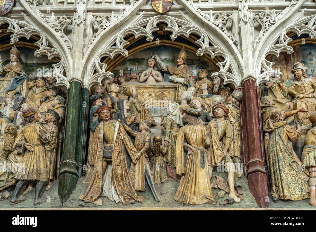 Holzschnitzerei in der Kathedrale Notre Dame d’Amiens, Amiens, Frankreich | Holzschnitzereien in der Kathedrale Basilika unserer Lieben Frau von Amiens, Amiens, Stockfoto