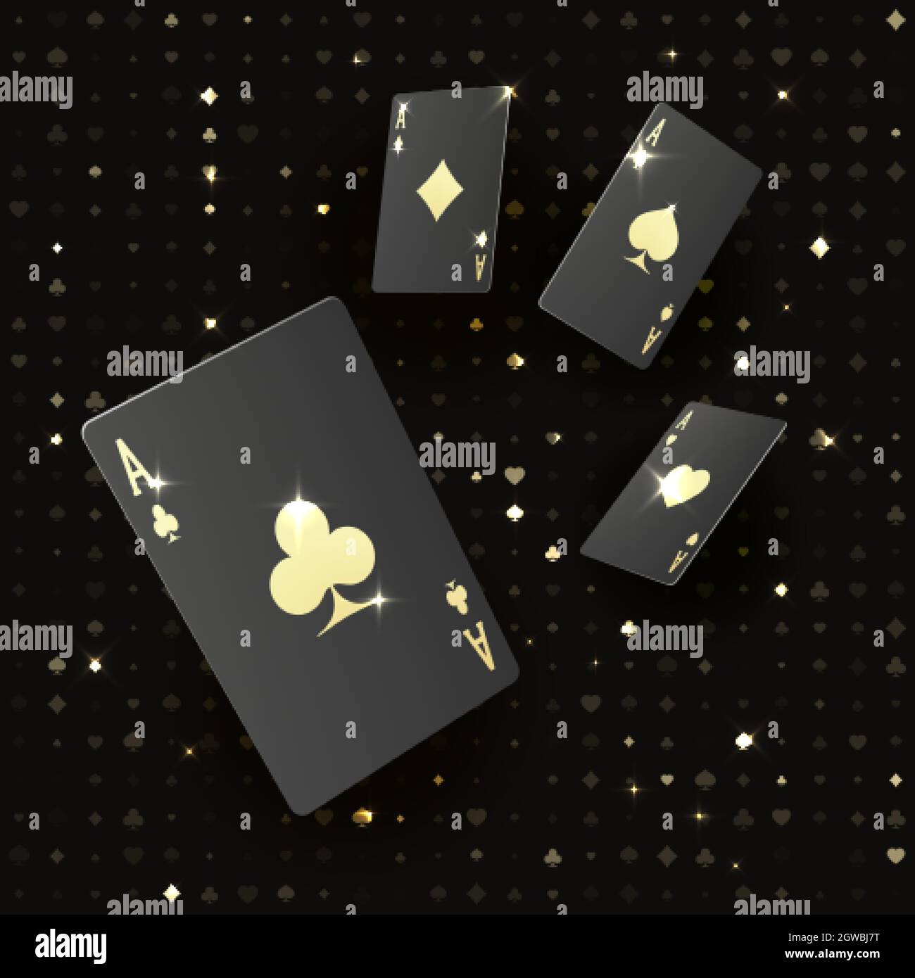 Vier schwarze Poker-Karten mit Goldfarbe. Quads oder Vierling von Ass. Casino-Banner oder -Poster im königlichen Stil. Vektorgrafik Stock Vektor