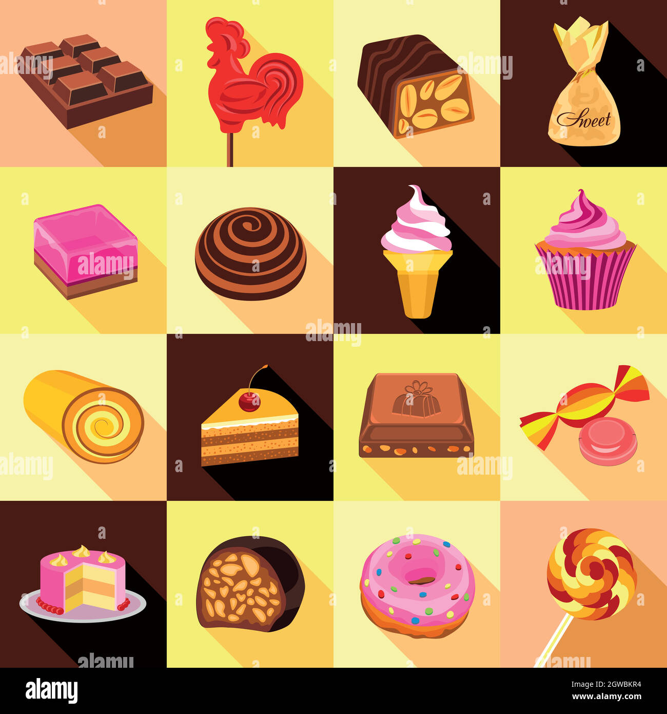 Süßigkeiten, Schokolade und Kuchen Symbole, flacher Stil Stock Vektor