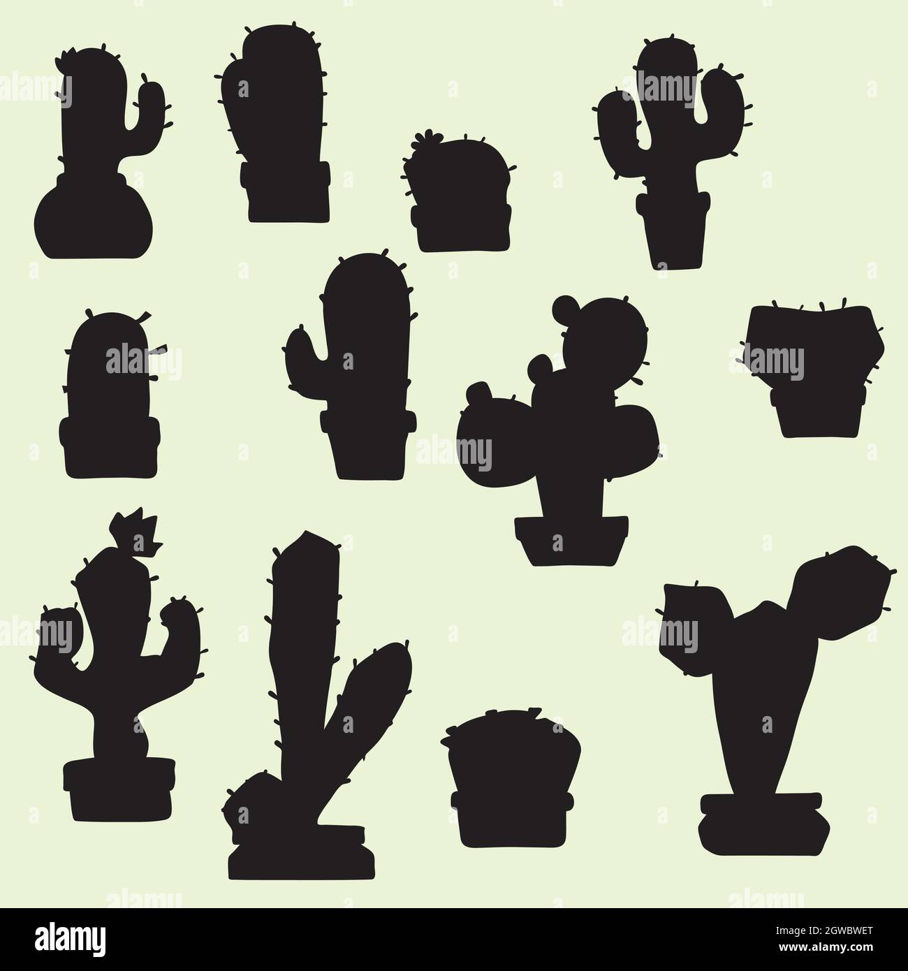 Kaktus in Blumentöpfen. Von Hand gezogene Sukulente. Tropische Hauspflanzen. Schwarze Silhouette. Stock Vektor