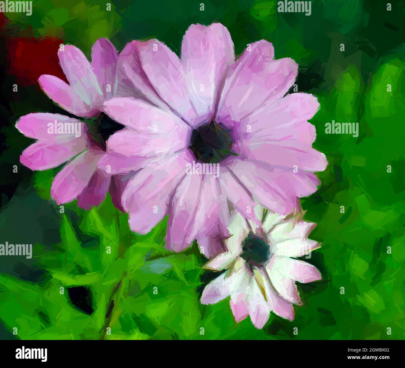 Lila Blumen digitale Malerei, expressive Pinsel Striche Karte Stockfoto