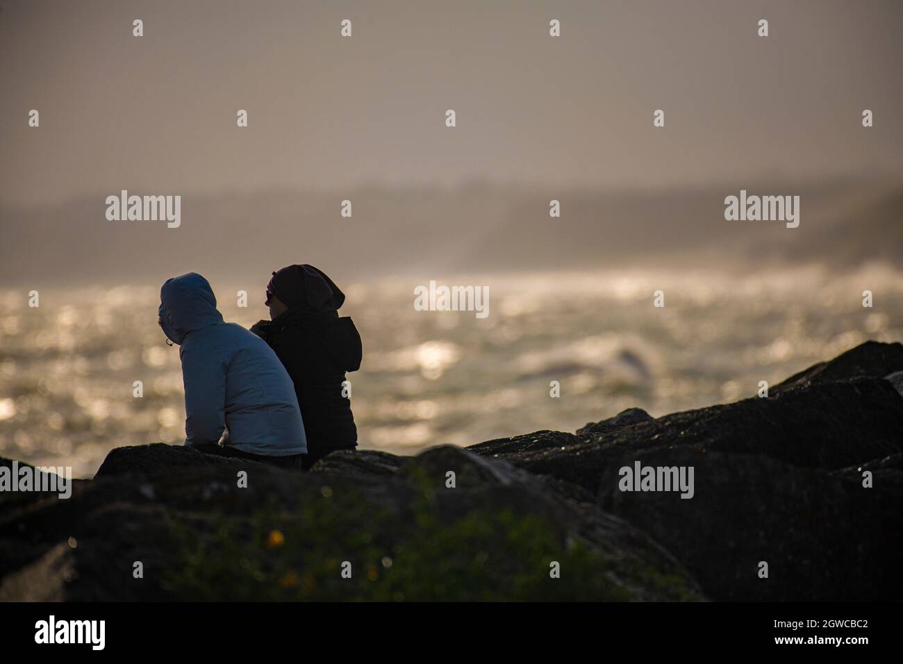 Zwei Freunde sitzen und genießen den Blick auf den Strand Stockfoto