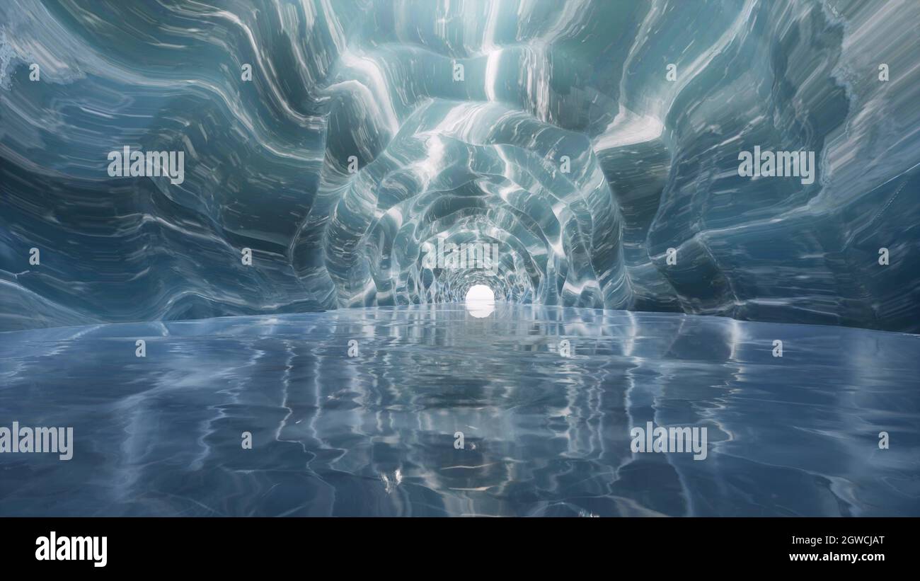 Blauer Eistunnel Kristallhöhle mit Wasser Meer futuristischen Korridor 3d Render Stockfoto