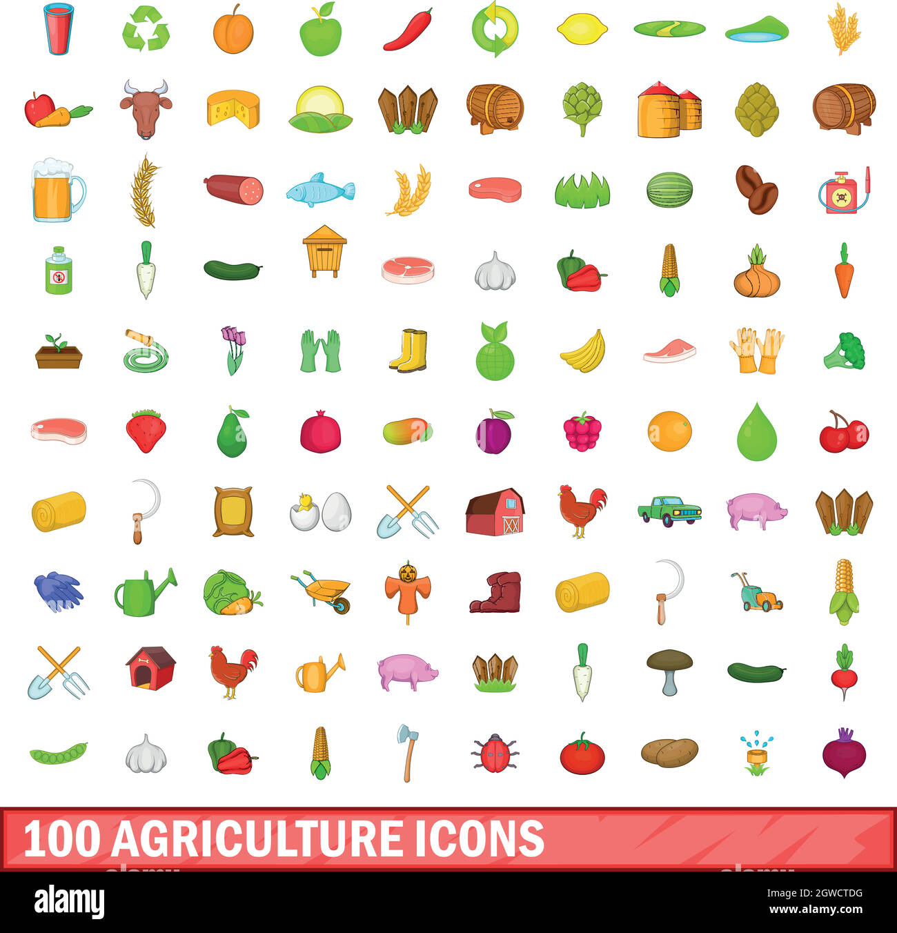 100 Landwirtschaft Icons set, cartoon-Stil Stock Vektor