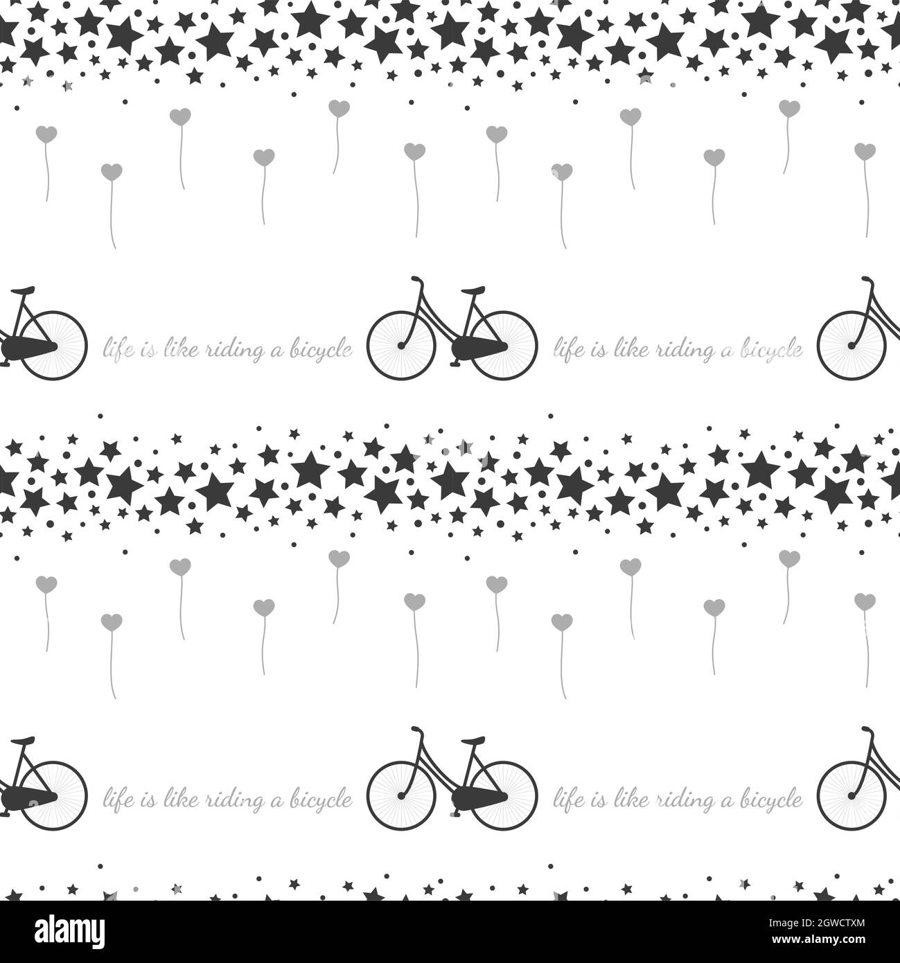 Fahrrad und Sterne Vektor nahtlose Muster. Fahrräder und Ballon schwarz-weiß-Druck. Stock Vektor