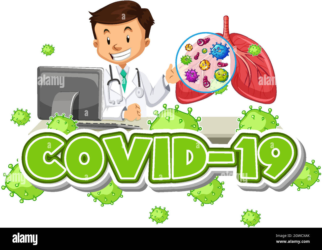 Covid 19 Zeichenvorlage mit glücklichem Arzt und menschlichen Lungen Stock Vektor