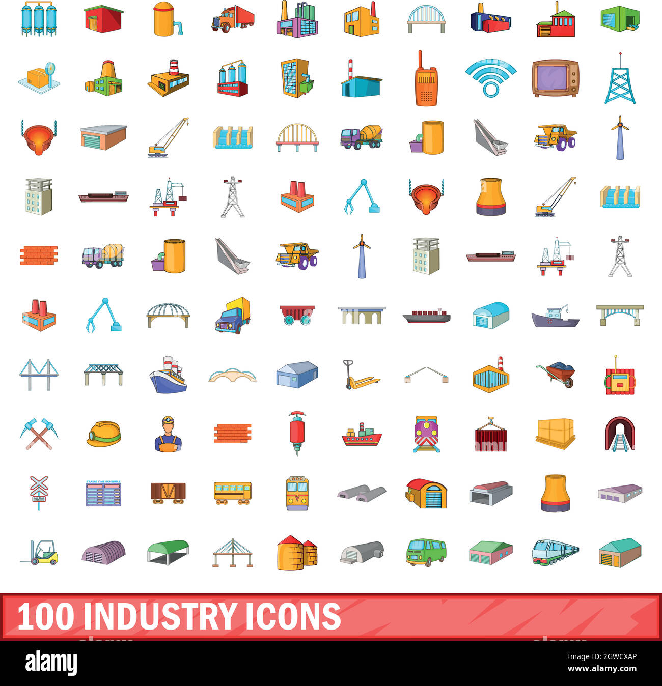100 Industrie Symbole, Cartoon Stil Stock Vektor