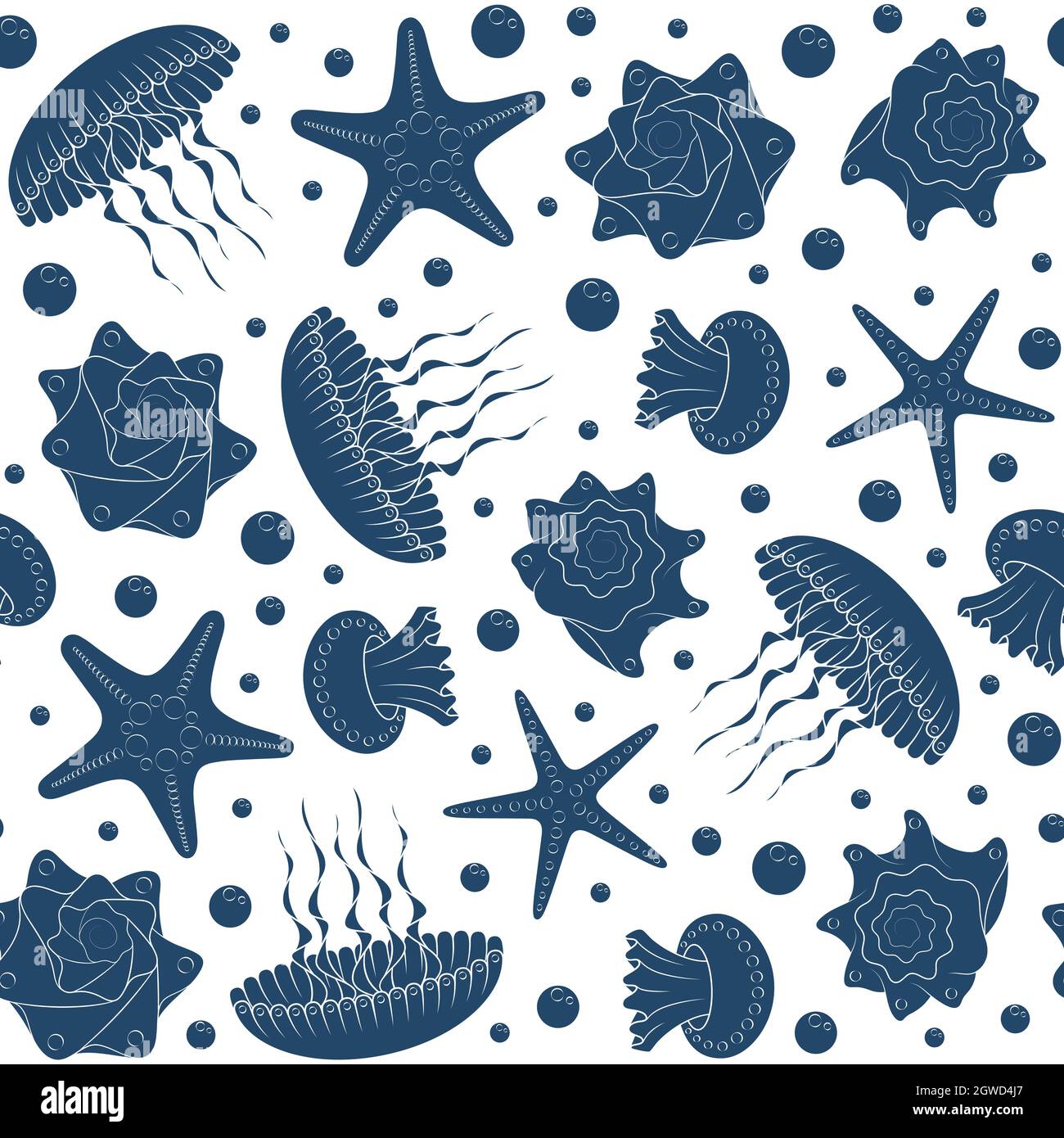 Hintergrund mit Seesternen, Muscheln und Quallen. Nahtloses Vektormuster. Stock Vektor
