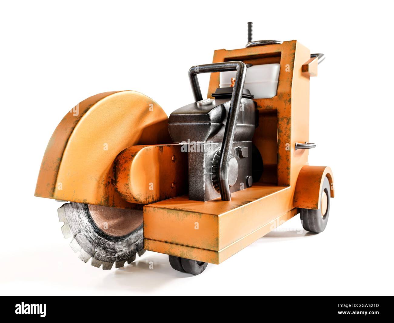 3D-Rendering der alten Betonschneidemaschine auf weißem Hintergrund Stockfoto