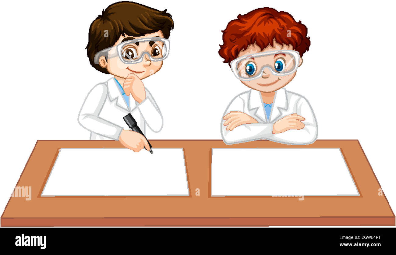 Zwei Jungen tragen ein Wissenschaftlerkleid mit leerem Papier auf dem Tisch Stock Vektor