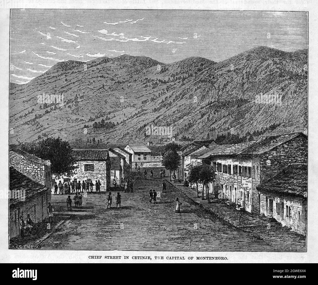 Die Hauptstraße in Cetinje, der Hauptstadt Montenegros, um 1876. Stockfoto