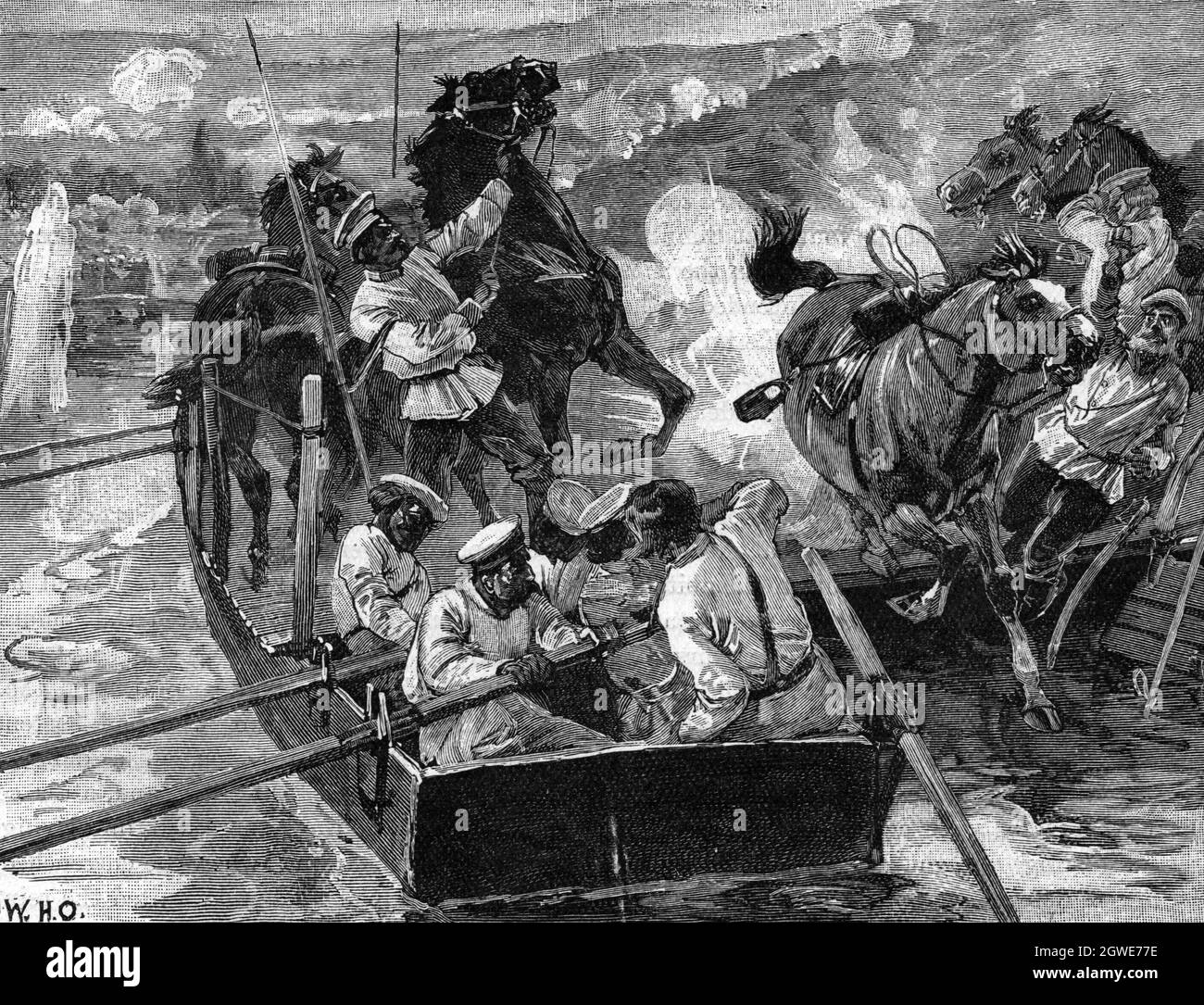 B&W Illustration: Die Russen überqueren die Donau bei Simnitza in der heutigen Provinz Veliko Tarnovo, Bulgarien: Russisch-Türkischer Krieg, 26th. Juni 1877 Stockfoto