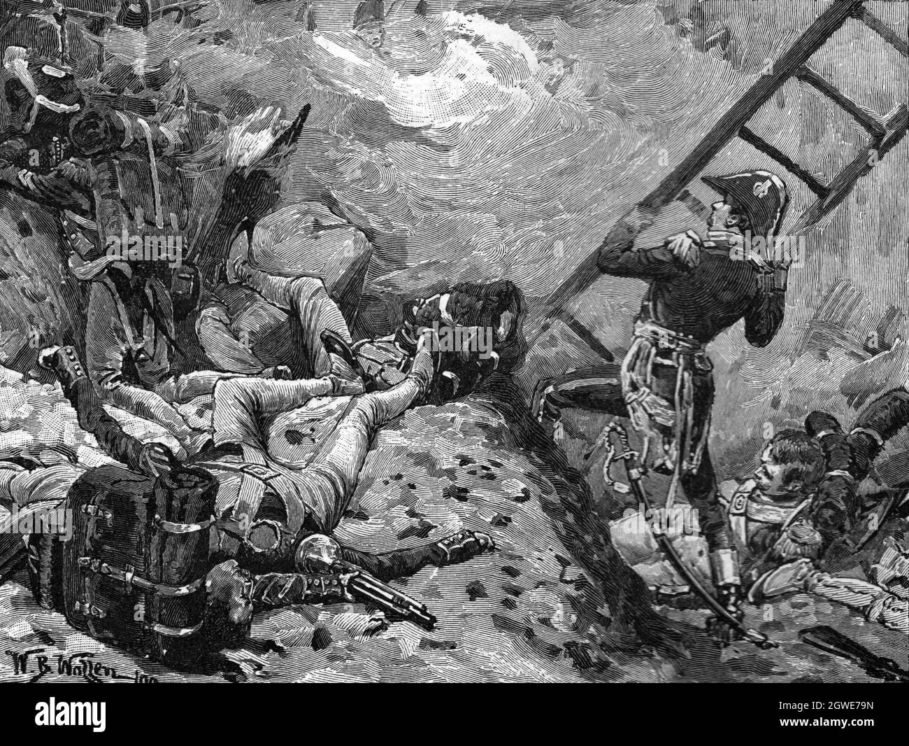 B&W Illustration; Jean Lannes, 1. Herzog von Montebello und Marschall des Kaiserreichs bei der Schlacht von Ratisbon oder Regensburg Stockfoto