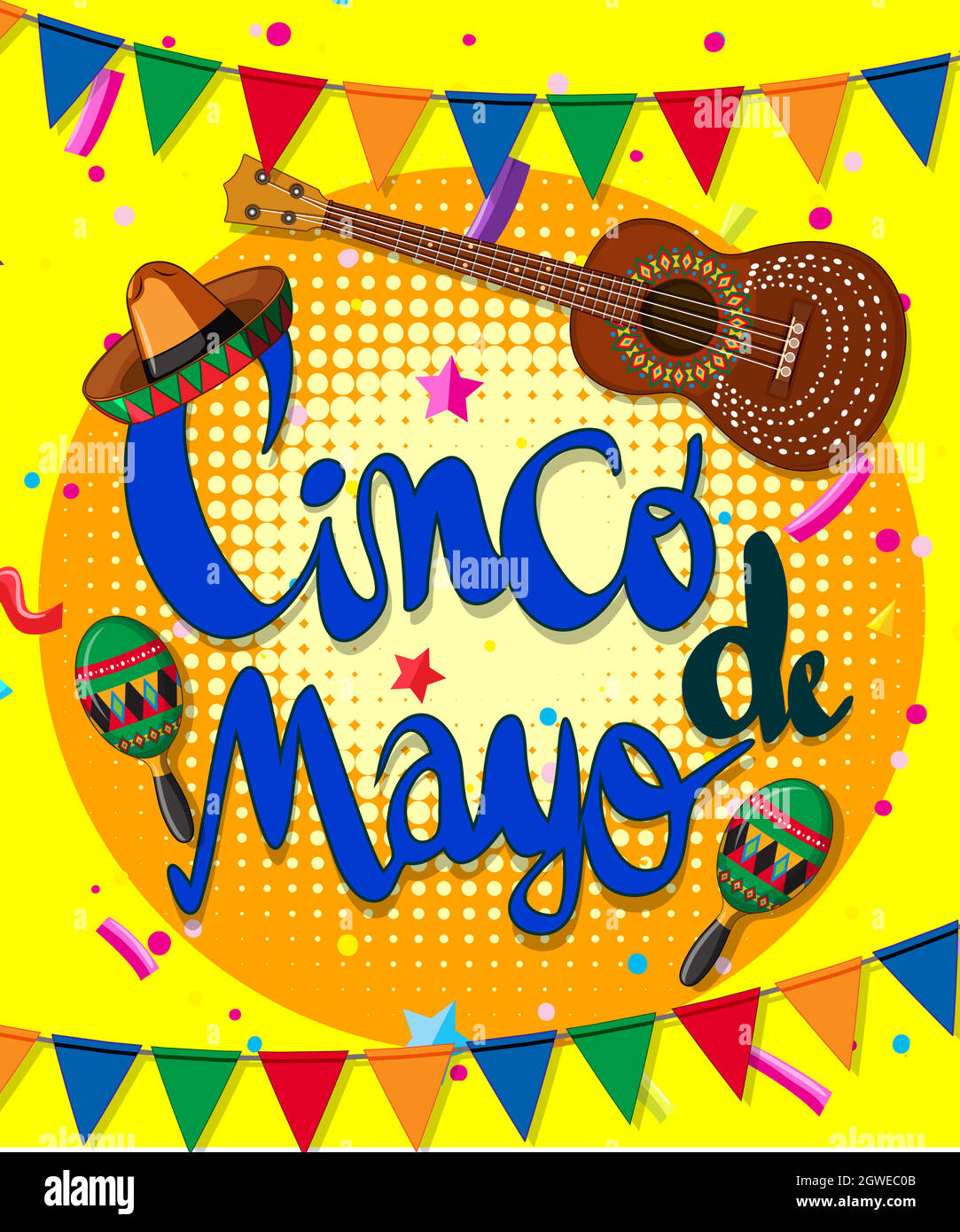 Cinco de Mayo Poster Design mit Gitarre und Fahnen Stock Vektor