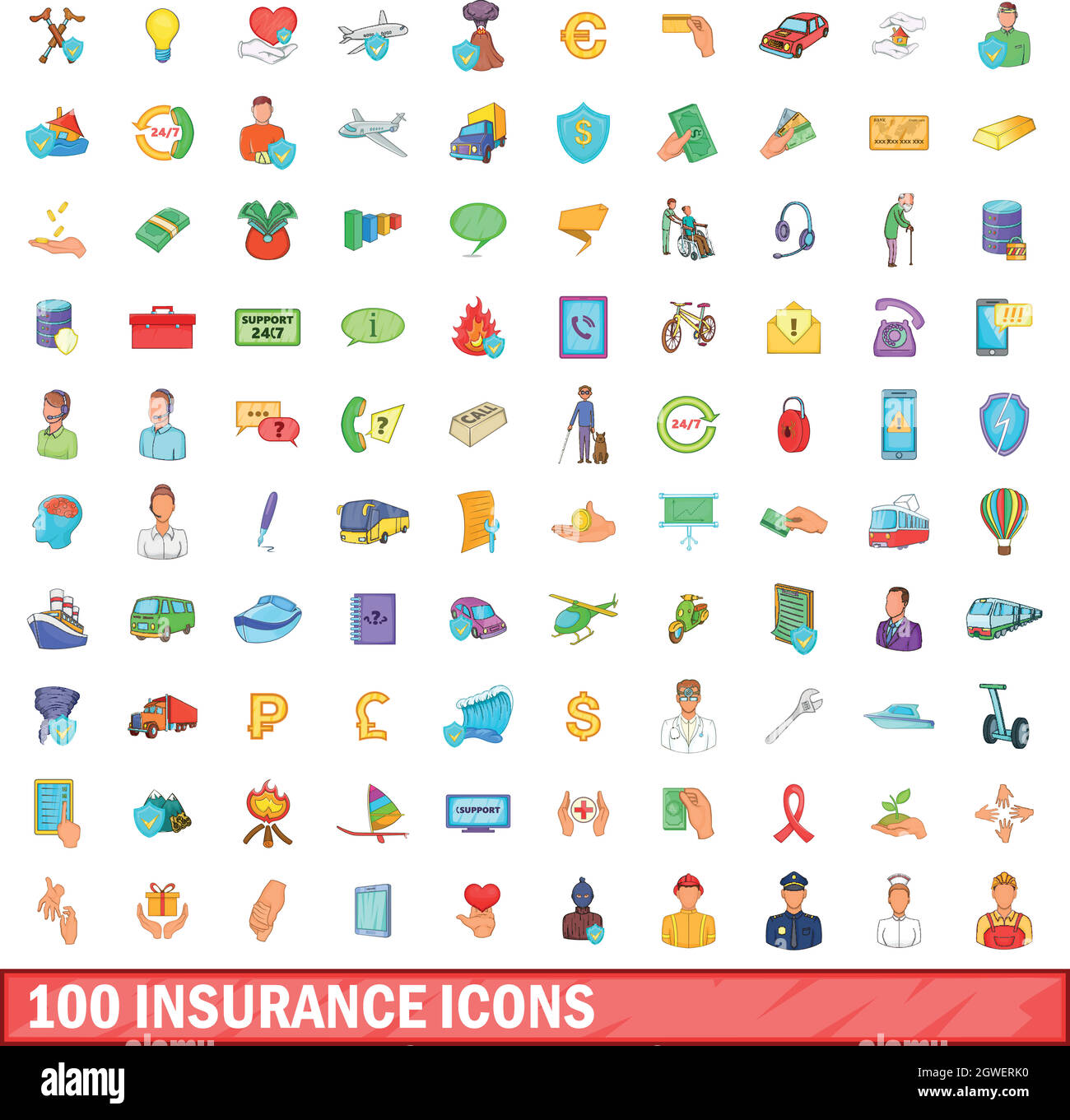 100 Versicherungen Icons Set, Cartoon-Stil Stock Vektor