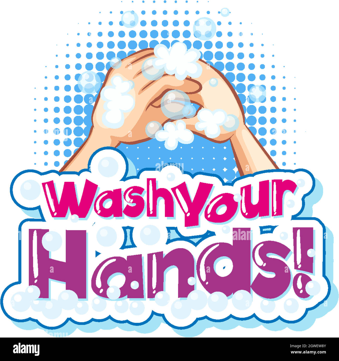 Textdesign zum Händewaschen mit ausgewaschenen menschlichen Händen Stock Vektor