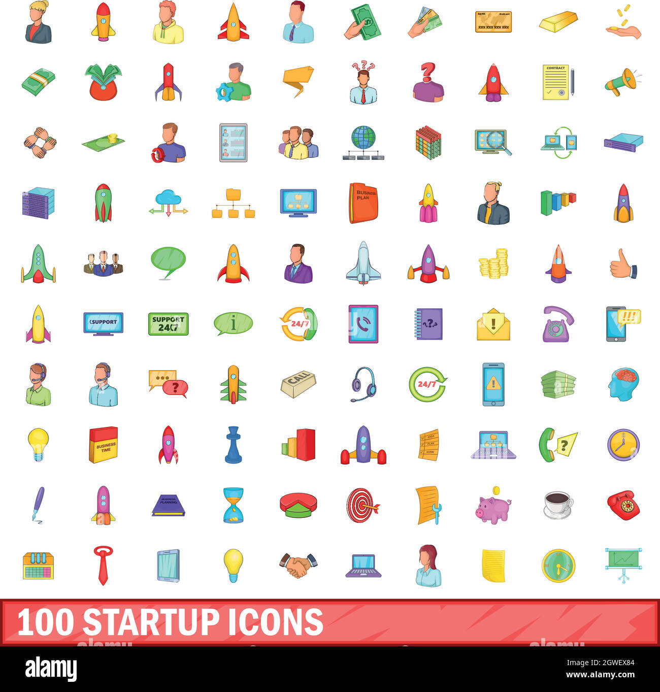 100 Start Icons set, cartoon-Stil Stock Vektor